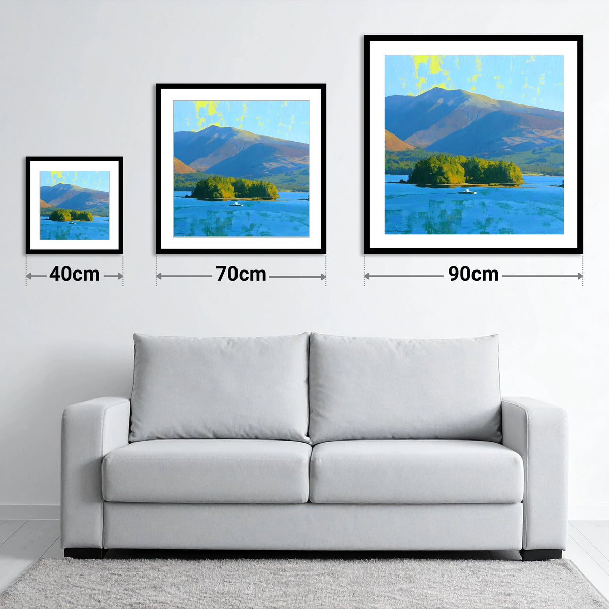 Vibrant Skiddaw Above Derwentwater - size guide showing 40cm, 70cm and 90cm art prints