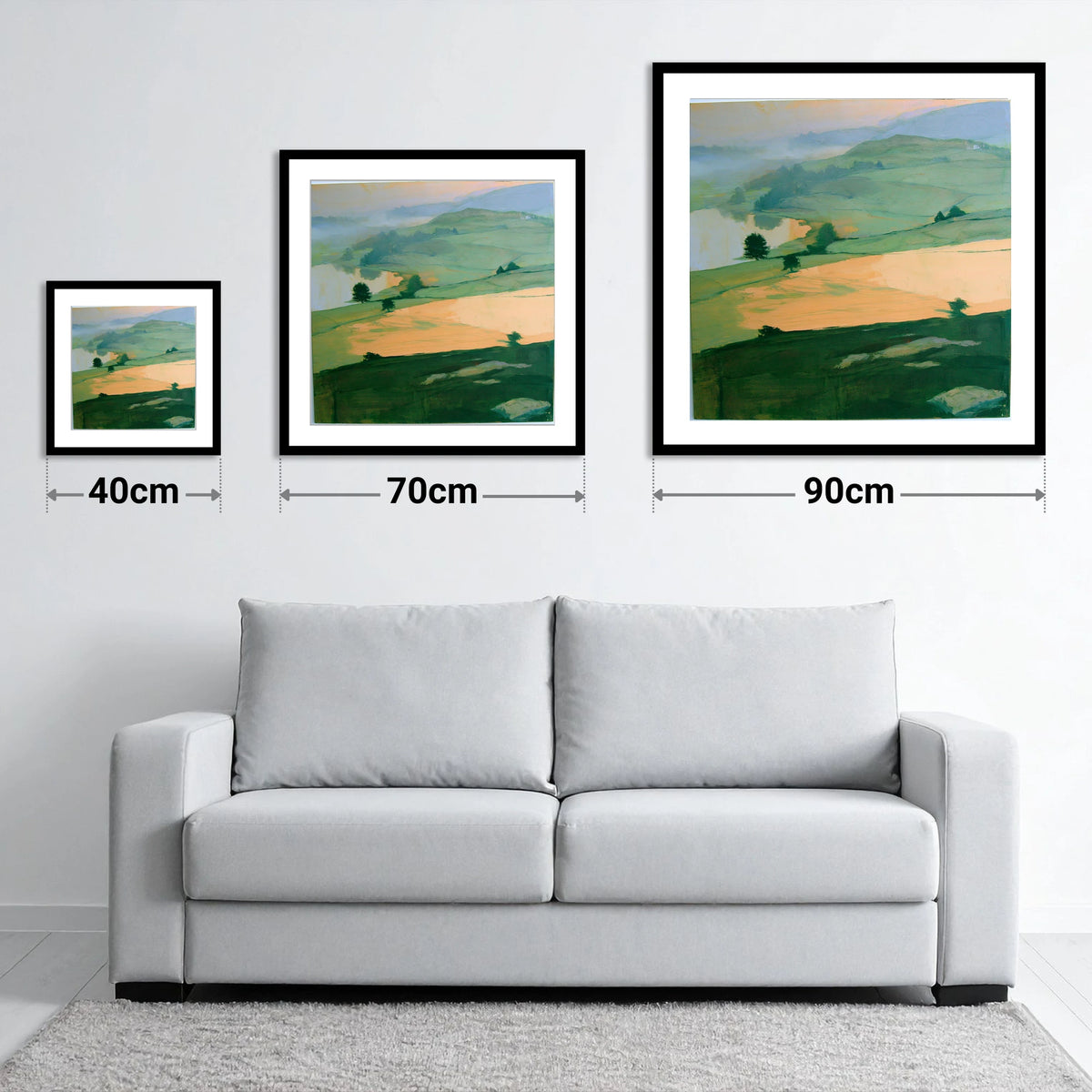 Misty Valley In Apricot Light - size guide showing 40cm, 70cm and 90cm art prints