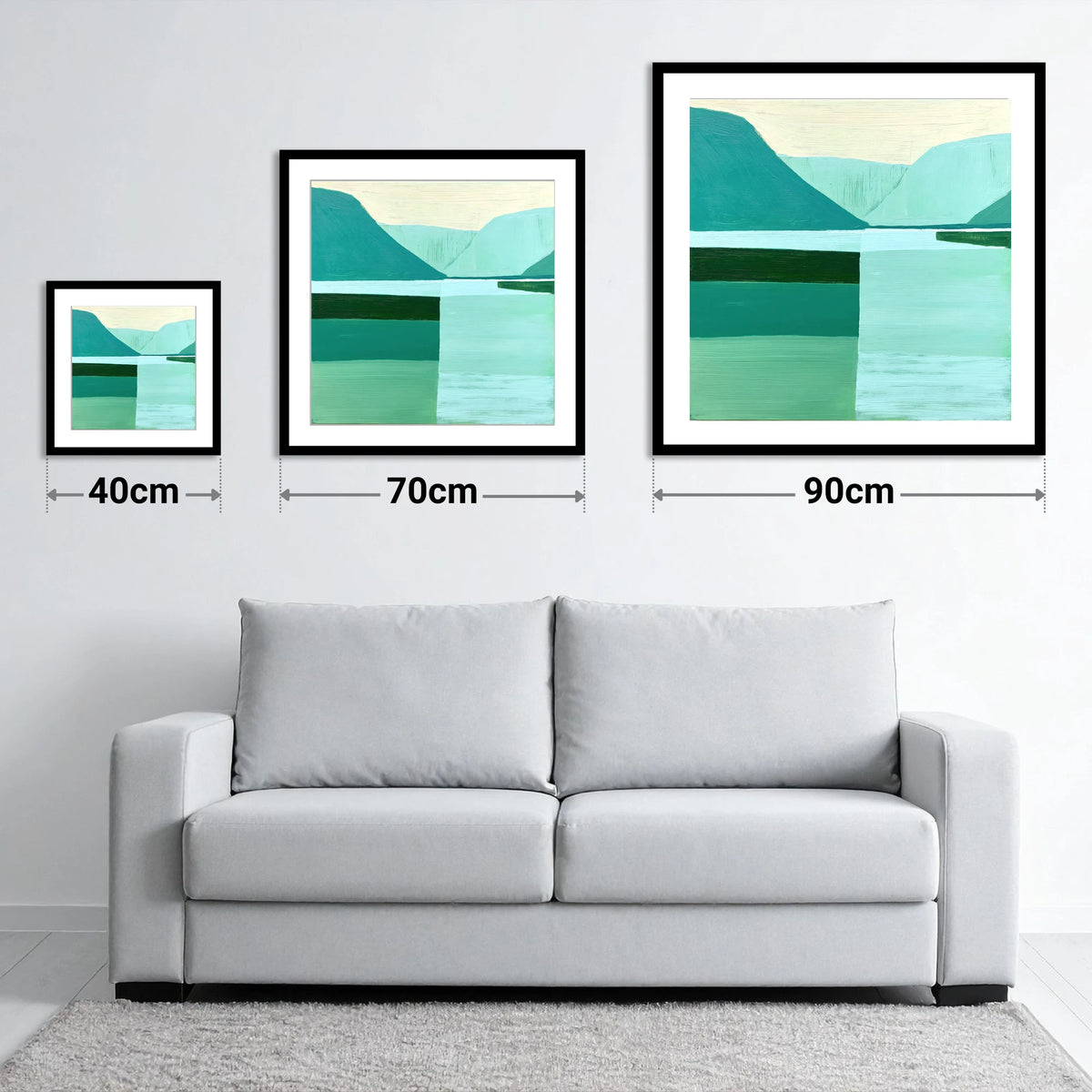 Modern Teal Wastwater Landscape - size guide showing 40cm, 70cm and 90cm art prints