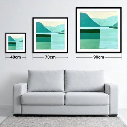 Modern Teal Wastwater Landscape - size guide showing 40cm, 70cm and 90cm art prints
