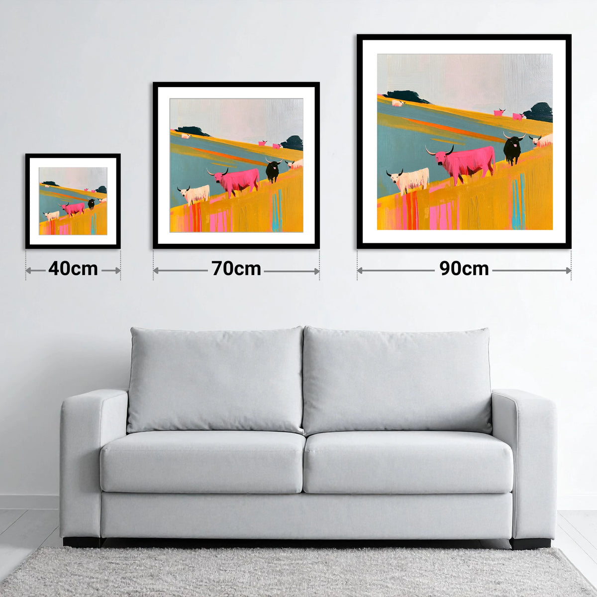 Colourful Highland Cattle Grazing - size guide showing 40cm, 70cm and 90cm art prints