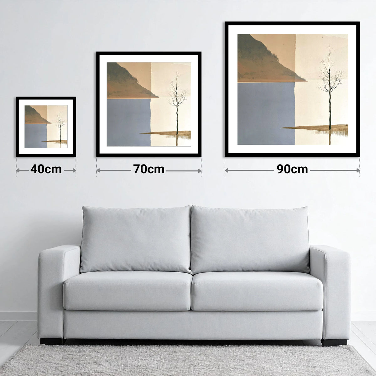 Minimalist Bassenthwaite Lake View - size guide showing 40cm, 70cm and 90cm art prints