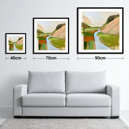 Azure Winding River Valley - size guide showing 40cm, 70cm and 90cm art prints