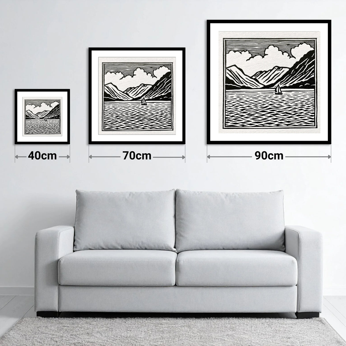 Black and White Ullswater Sailboat - size guide showing 40cm, 70cm and 90cm art prints