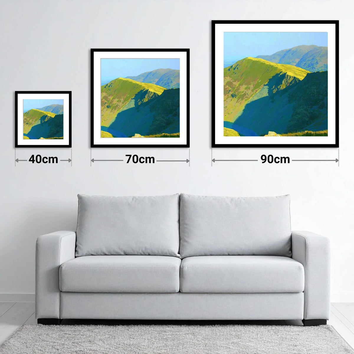 Sunlit Ridge on Middle Dodd - size guide showing 40cm, 70cm and 90cm art prints
