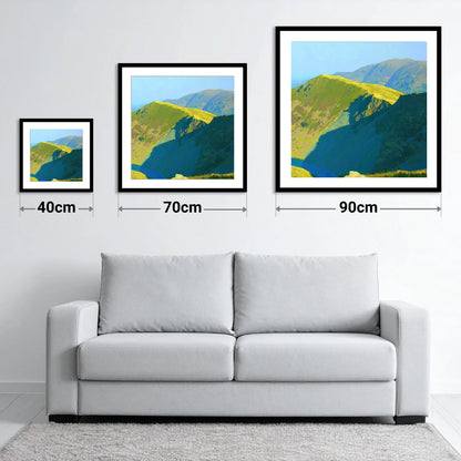 Sunlit Ridge on Middle Dodd - size guide showing 40cm, 70cm and 90cm art prints