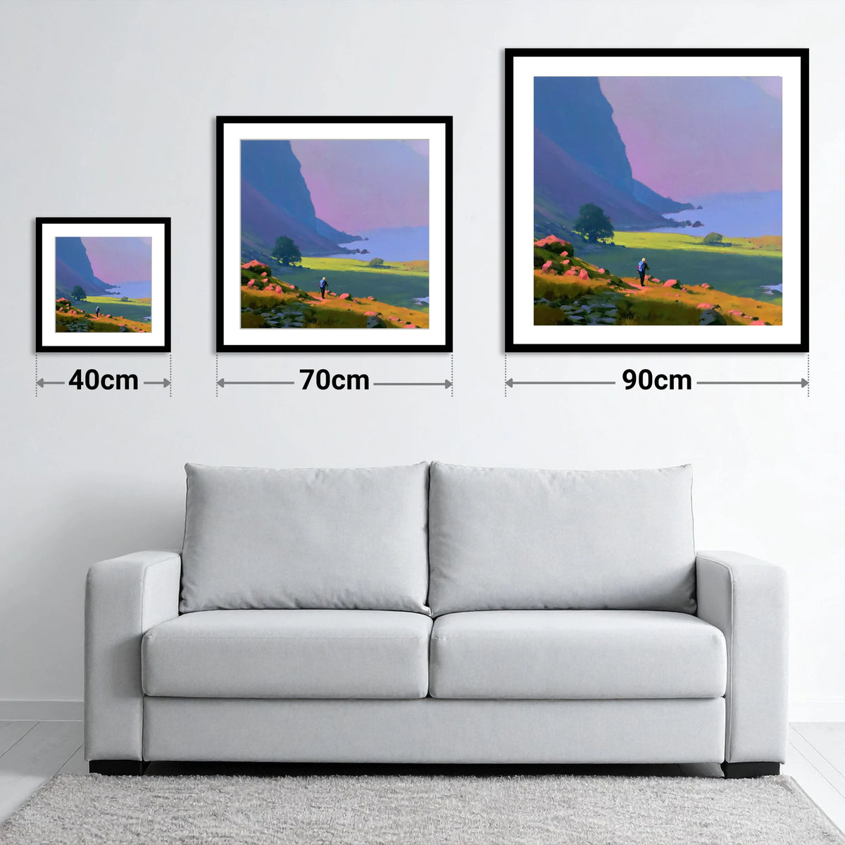 Lone Hiker Beneath Indigo Fells - size guide showing 40cm, 70cm and 90cm art prints