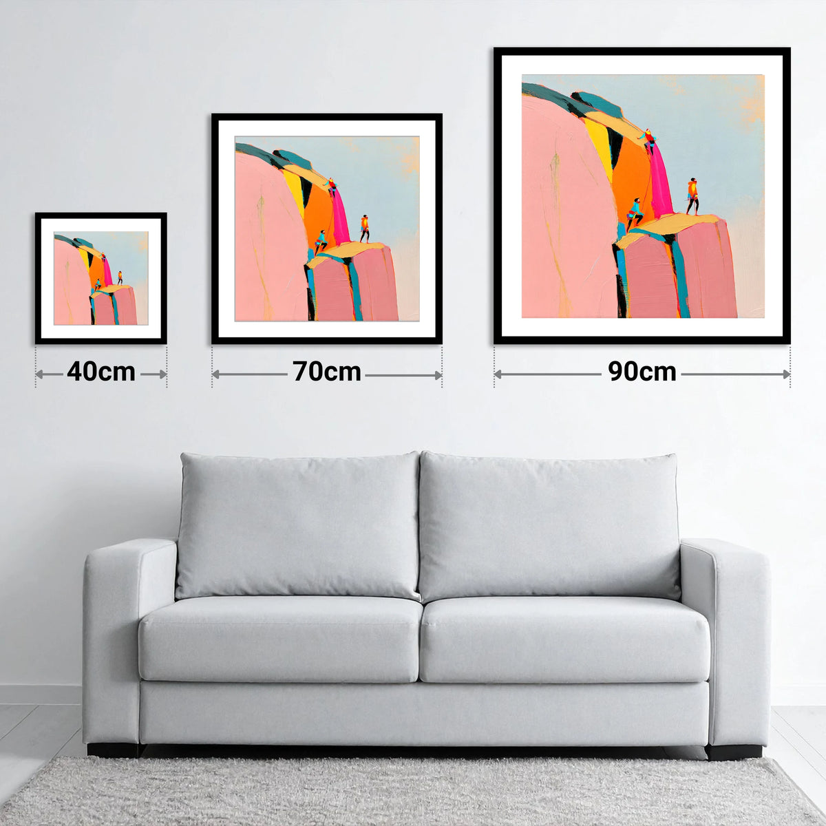 Vibrant Rock Climbers on Crag - size guide showing 40cm, 70cm and 90cm art prints