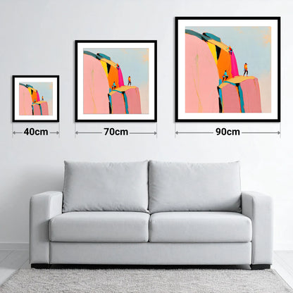 Vibrant Rock Climbers on Crag - size guide showing 40cm, 70cm and 90cm art prints