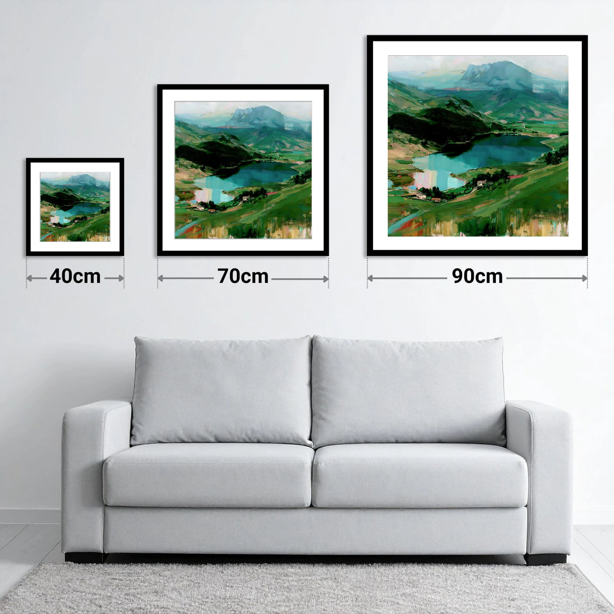Mountain Inversion Over The Lake - size guide showing 40cm, 70cm and 90cm art prints