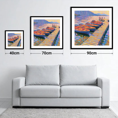 Vibrant Windermere Rowing Boats - size guide showing 40cm, 70cm and 90cm art prints