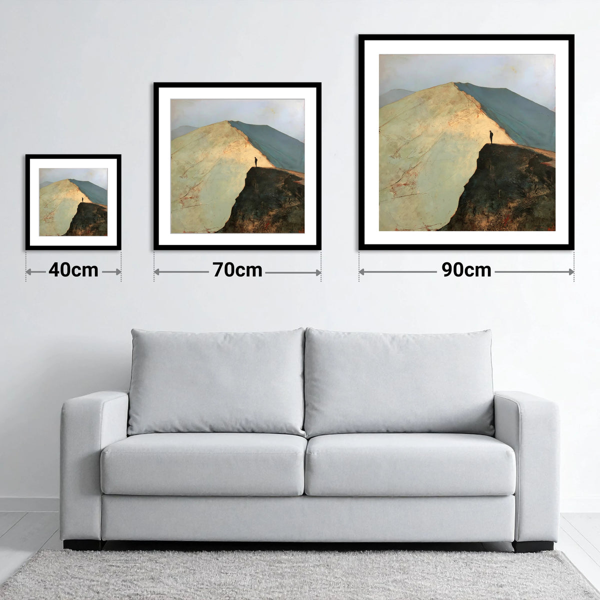 Walker on Striding Edge Helvellyn - size guide showing 40cm, 70cm and 90cm art prints