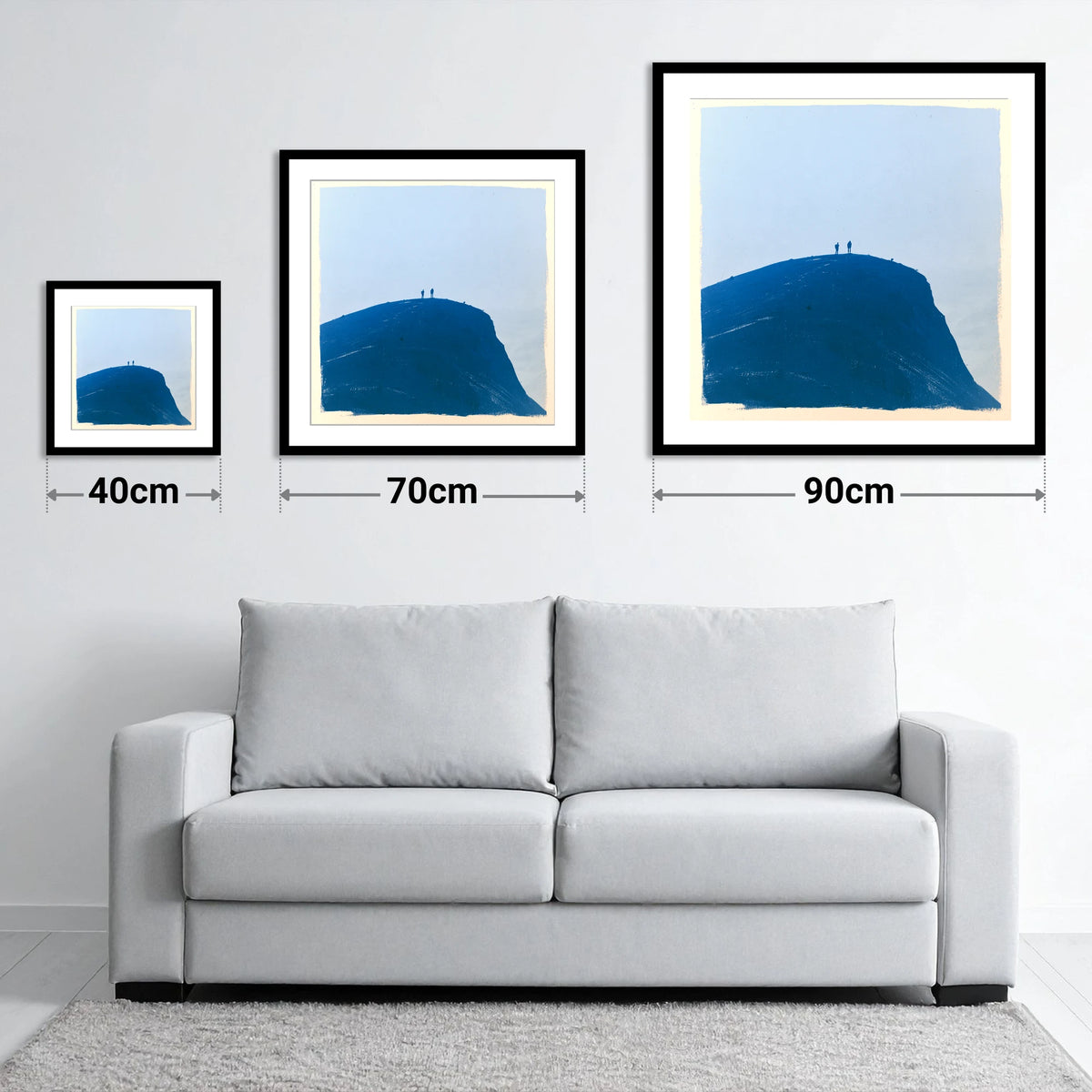 Hikers on a Blue Fell Top - size guide showing 40cm, 70cm and 90cm art prints