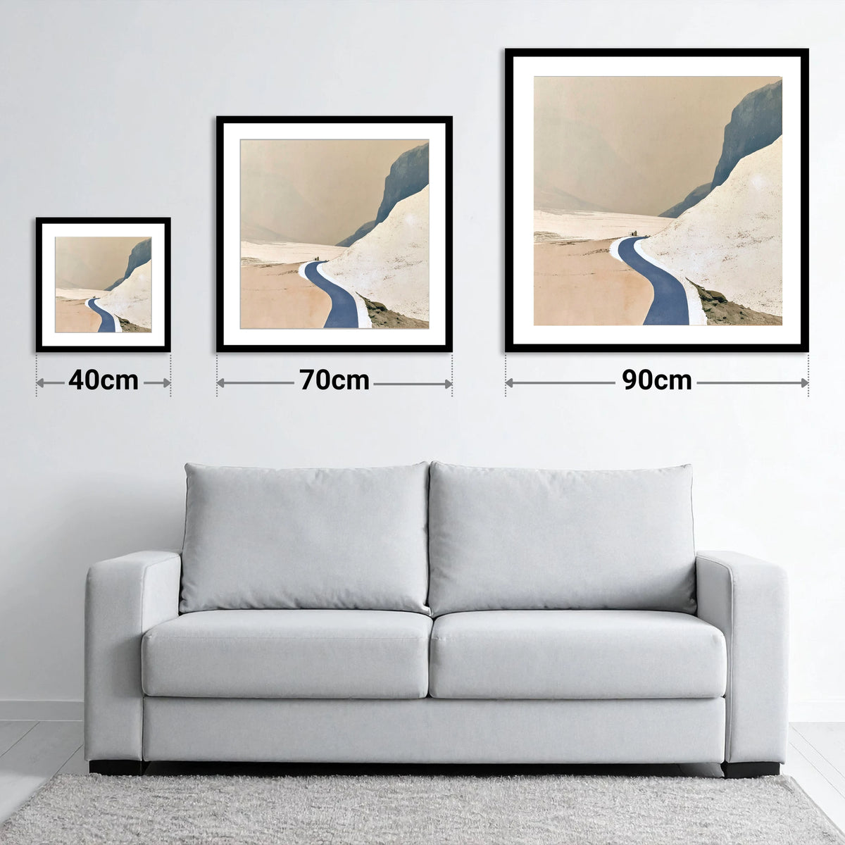 Blue Mountain Road to the Bothy - size guide showing 40cm, 70cm and 90cm art prints