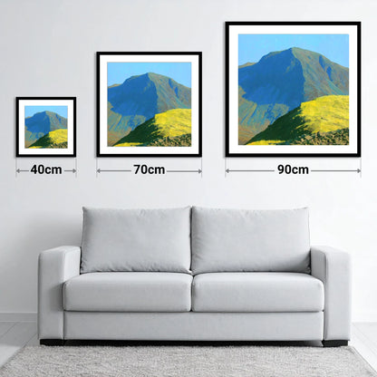Sunlit Ridge Below Kirk Fell - size guide showing 40cm, 70cm and 90cm art prints