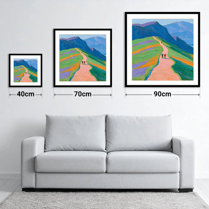Walkers on a Vibrant Mountain Path - size guide showing 40cm, 70cm and 90cm art prints