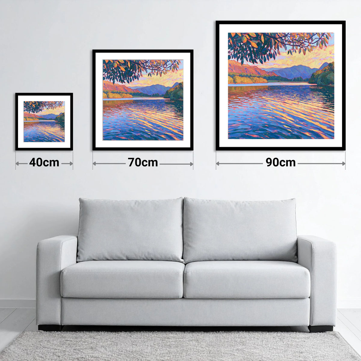 Golden Ripples on Esthwaite Water - size guide showing 40cm, 70cm and 90cm art prints