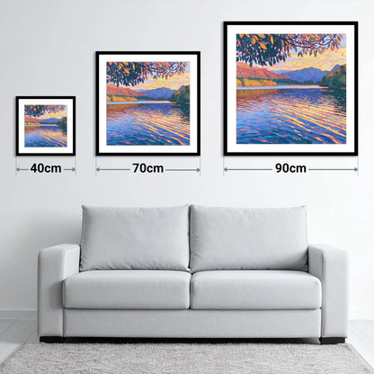 Golden Ripples on Esthwaite Water - size guide showing 40cm, 70cm and 90cm art prints