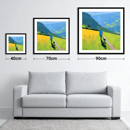 Sunlit Dog Walk Above Patterdale - size guide showing 40cm, 70cm and 90cm art prints