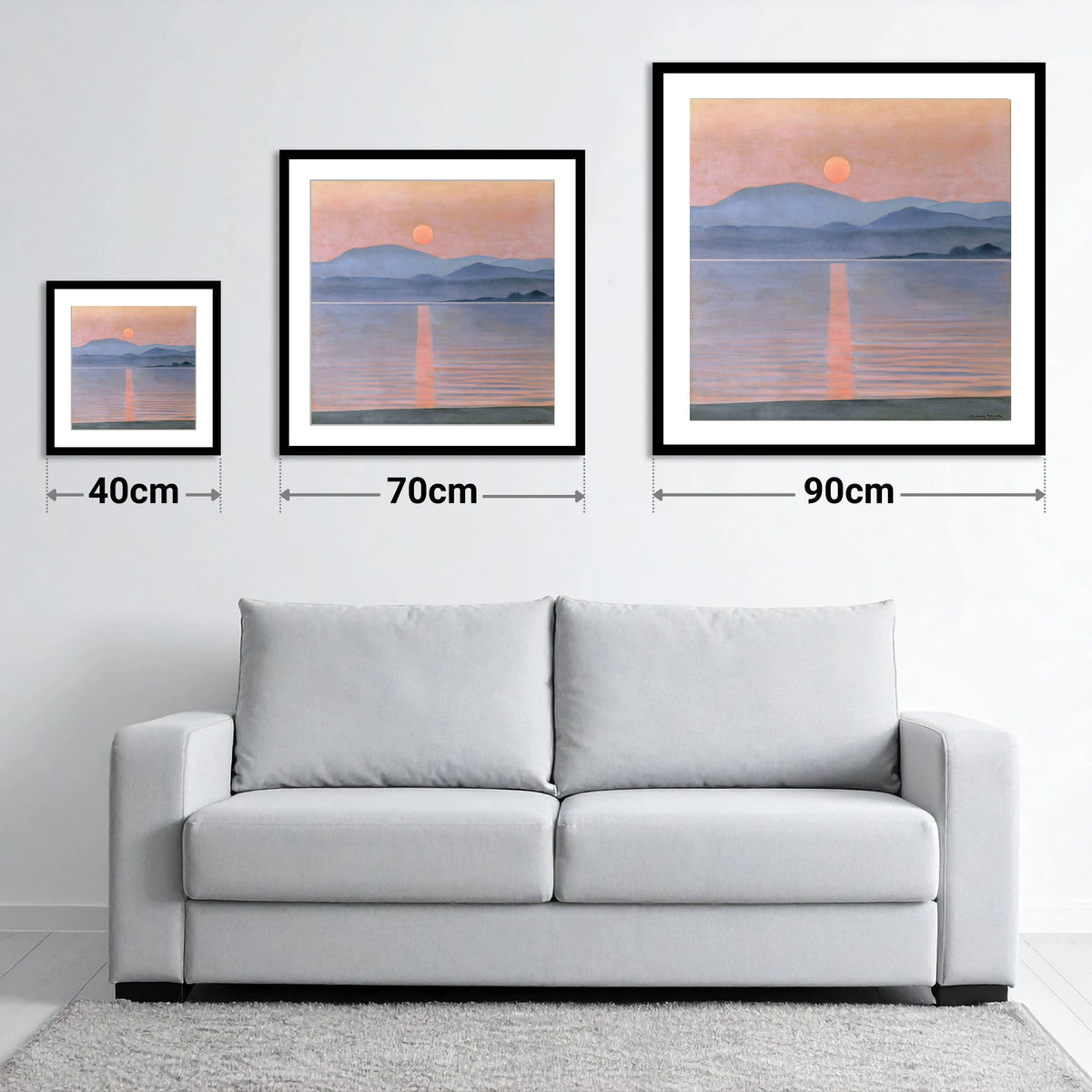 Lavender Sunset Over Slate Fells - size guide showing 40cm, 70cm and 90cm art prints