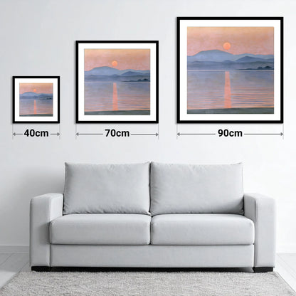 Lavender Sunset Over Slate Fells - size guide showing 40cm, 70cm and 90cm art prints