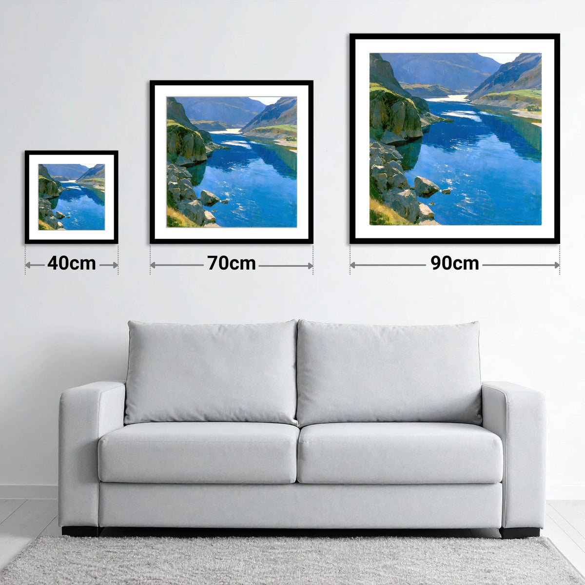 Brilliant Blue Lake and Fells - size guide showing 40cm, 70cm and 90cm art prints