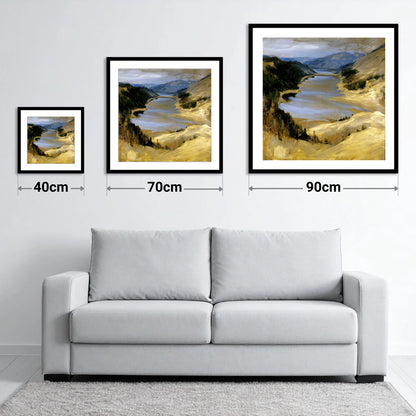 Thirlmere Reservoir in Golden Ochre - size guide showing 40cm, 70cm and 90cm art prints