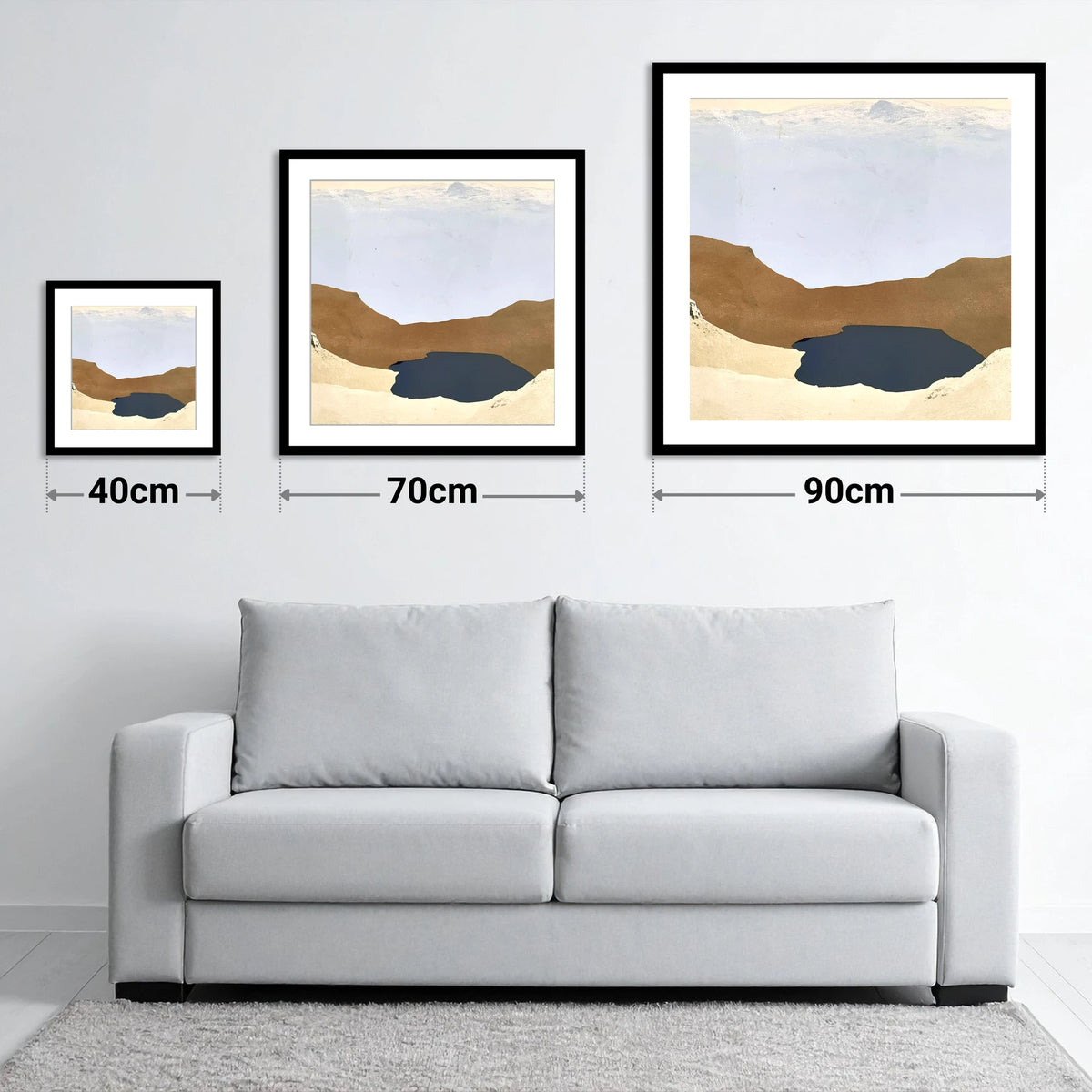 Easedale Tarn in Earth Tones - size guide showing 40cm, 70cm and 90cm art prints