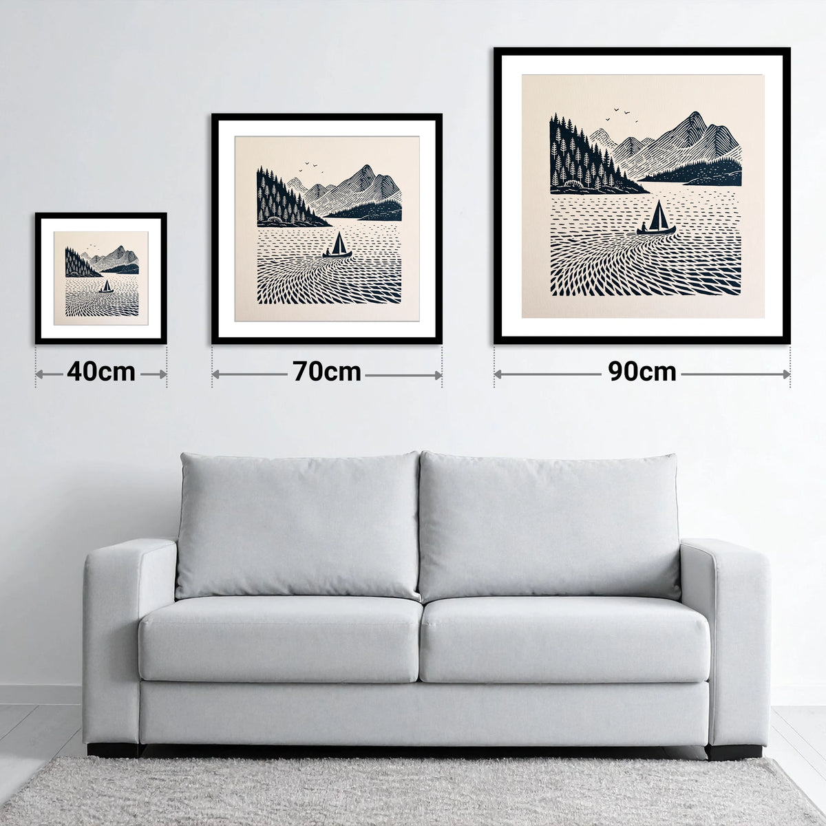 Dark Navy Derwentwater Sailing Scene - size guide showing 40cm, 70cm and 90cm art prints