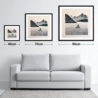 Dark Navy Derwentwater Sailing Scene - size guide showing 40cm, 70cm and 90cm art prints
