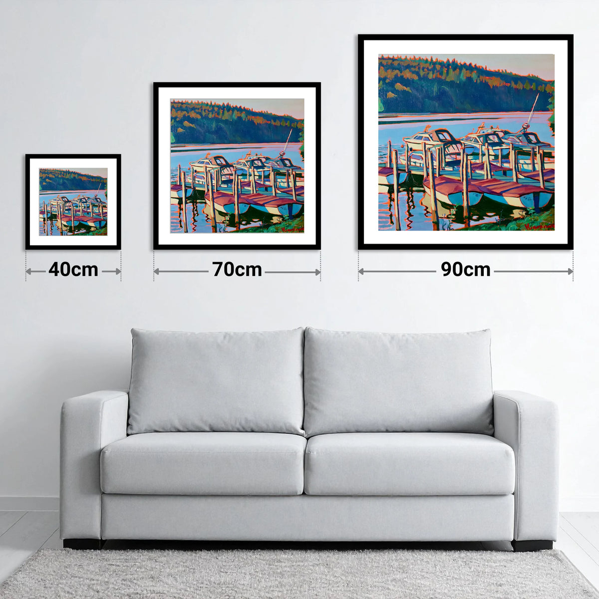 Vibrant Boats Moored on Windermere - size guide showing 40cm, 70cm and 90cm art prints