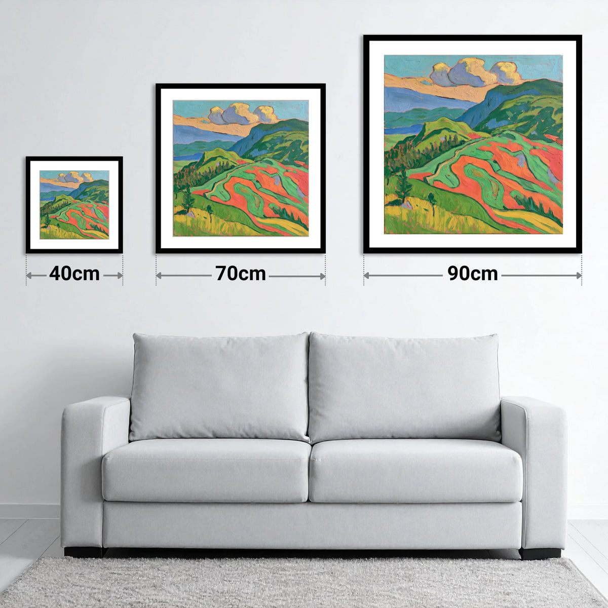 Vivid Rolling Fells Under Cloud - size guide showing 40cm, 70cm and 90cm art prints