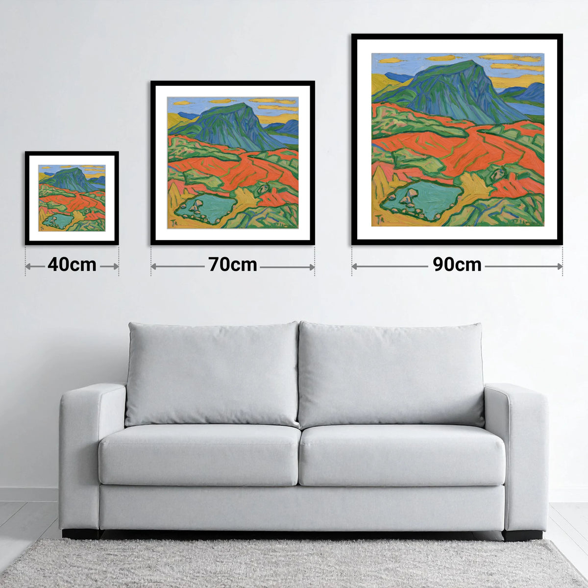 Vivid Haystacks Fell and Tarn - size guide showing 40cm, 70cm and 90cm art prints