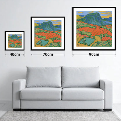Vivid Haystacks Fell and Tarn - size guide showing 40cm, 70cm and 90cm art prints