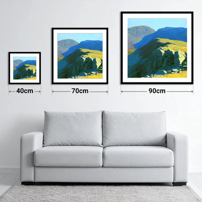 Sunlit Ridge on Crinkle Crags - size guide showing 40cm, 70cm and 90cm art prints