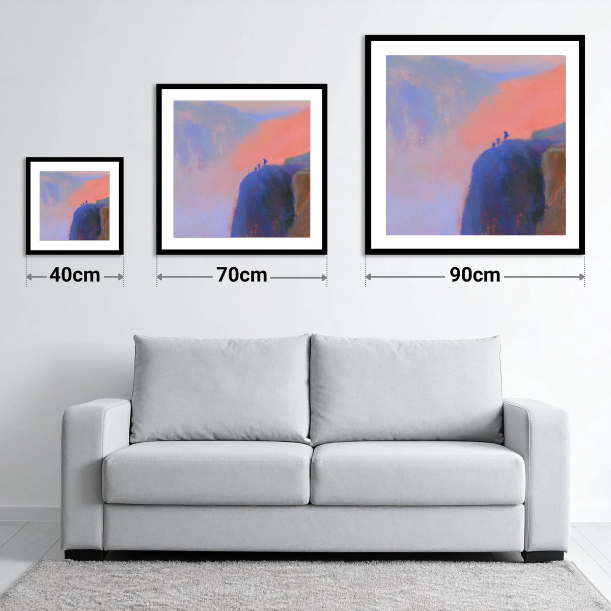 Climbers on an Indigo Crag - size guide showing 40cm, 70cm and 90cm art prints