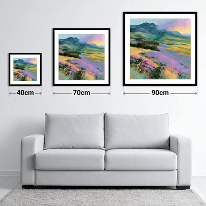 Vivid Heather on Lakeland Fells - size guide showing 40cm, 70cm and 90cm art prints