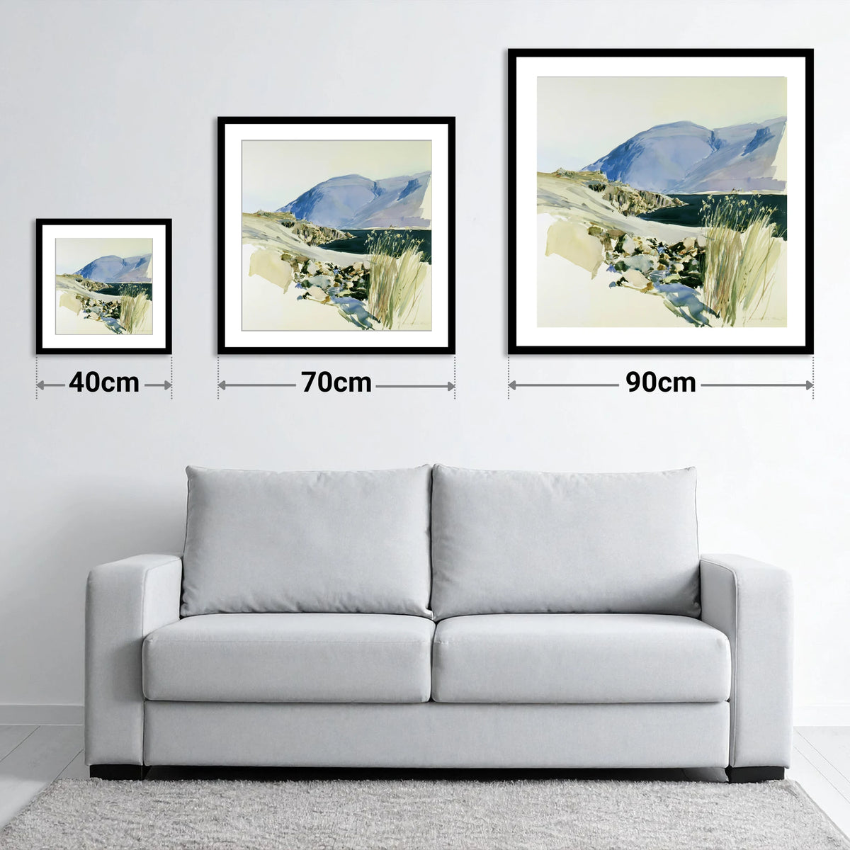 Styhead Tarn and Blue Fells - size guide showing 40cm, 70cm and 90cm art prints