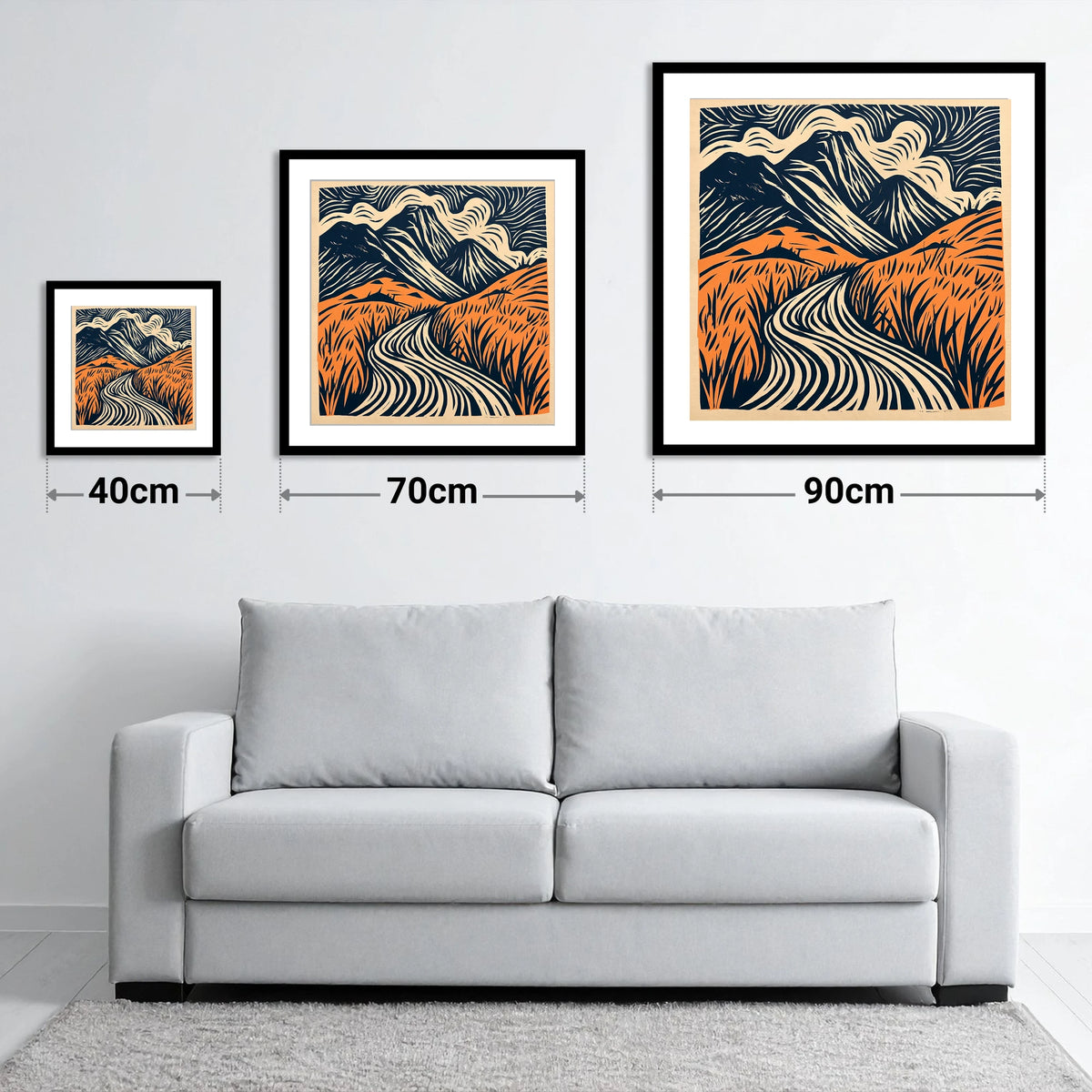 Great Gable Terracotta Winding Path - size guide showing 40cm, 70cm and 90cm art prints