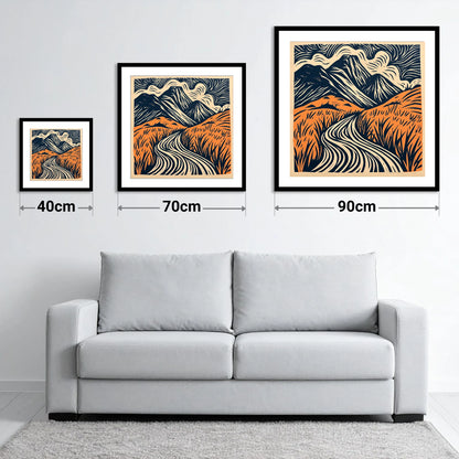 Great Gable Terracotta Winding Path - size guide showing 40cm, 70cm and 90cm art prints