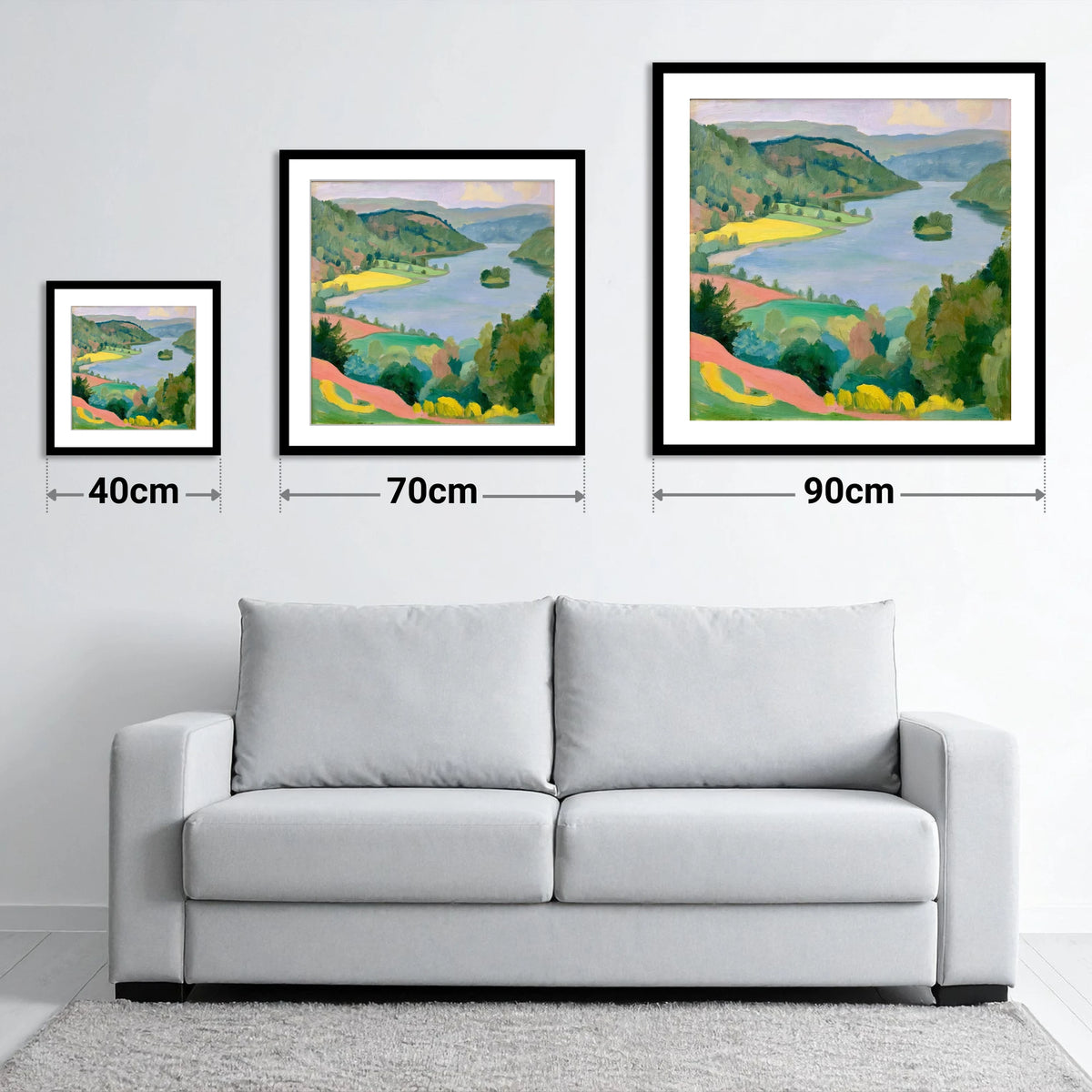 Vibrant Rydal Water from Above - size guide showing 40cm, 70cm and 90cm art prints