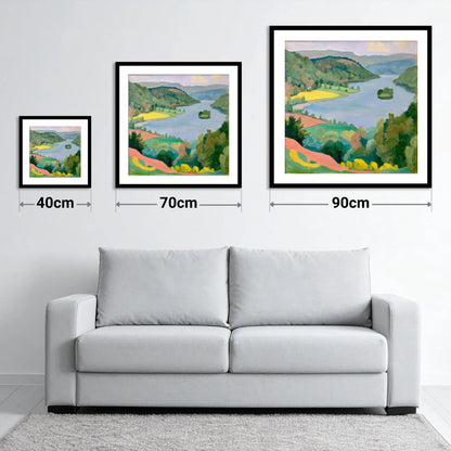 Vibrant Rydal Water from Above - size guide showing 40cm, 70cm and 90cm art prints