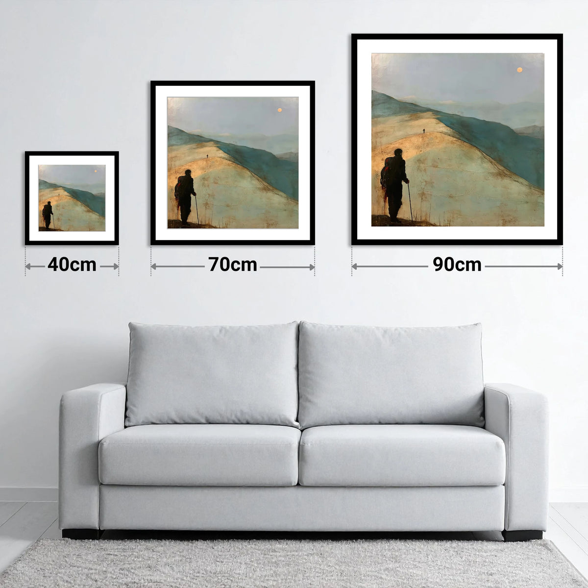 Fell Walker on the Golden Ridge - size guide showing 40cm, 70cm and 90cm art prints