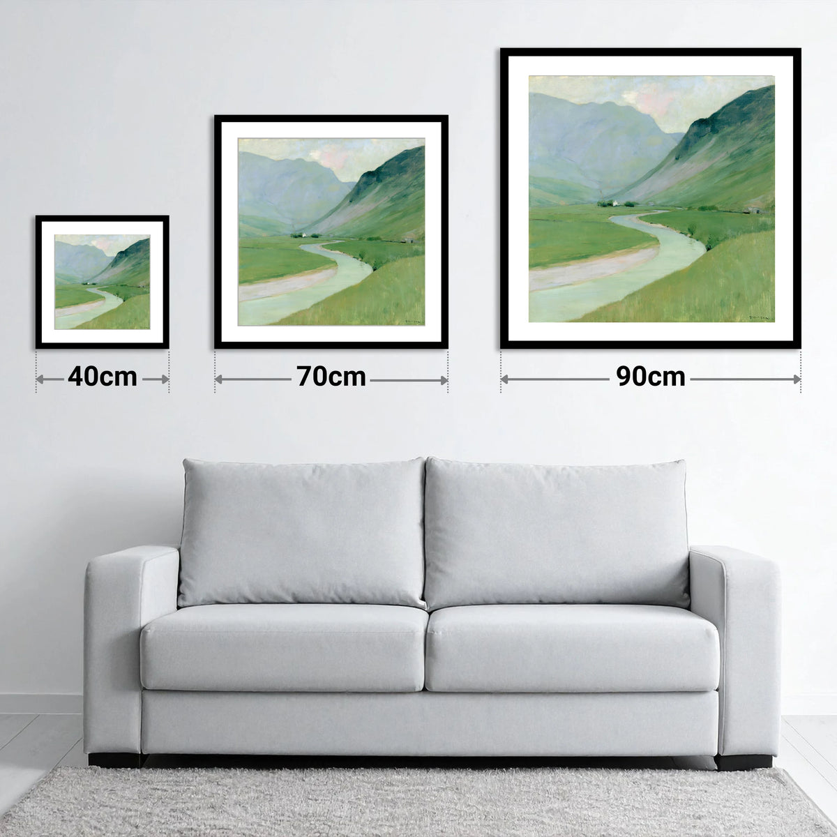 Winding River Below Pastel Fells - size guide showing 40cm, 70cm and 90cm art prints