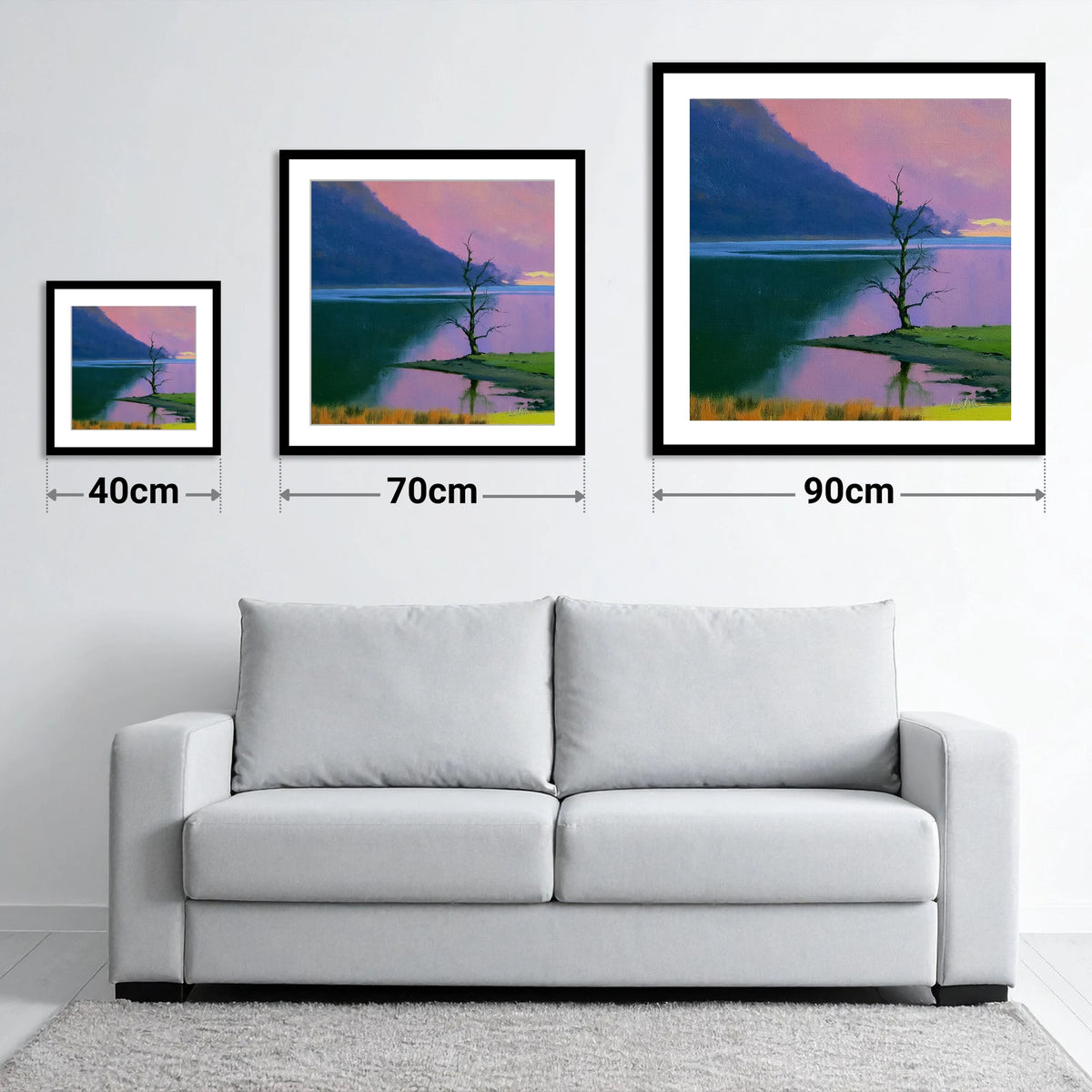 Vivid Sunset Over Bassenthwaite Lake - size guide showing 40cm, 70cm and 90cm art prints