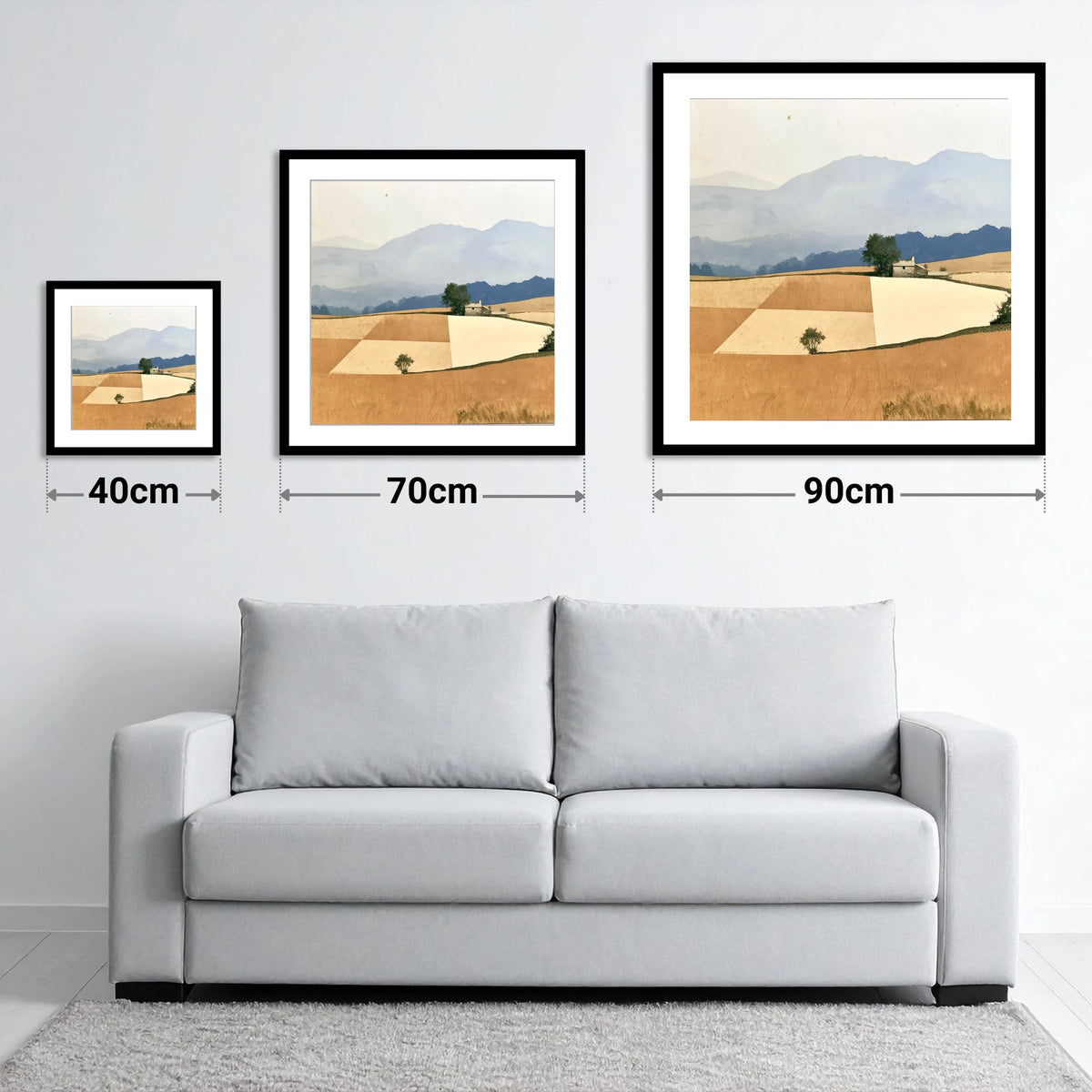 Stone Cottage in Harvest Gold Fells - size guide showing 40cm, 70cm and 90cm art prints