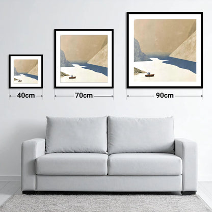 Rowing beneath the Steep Screes - size guide showing 40cm, 70cm and 90cm art prints