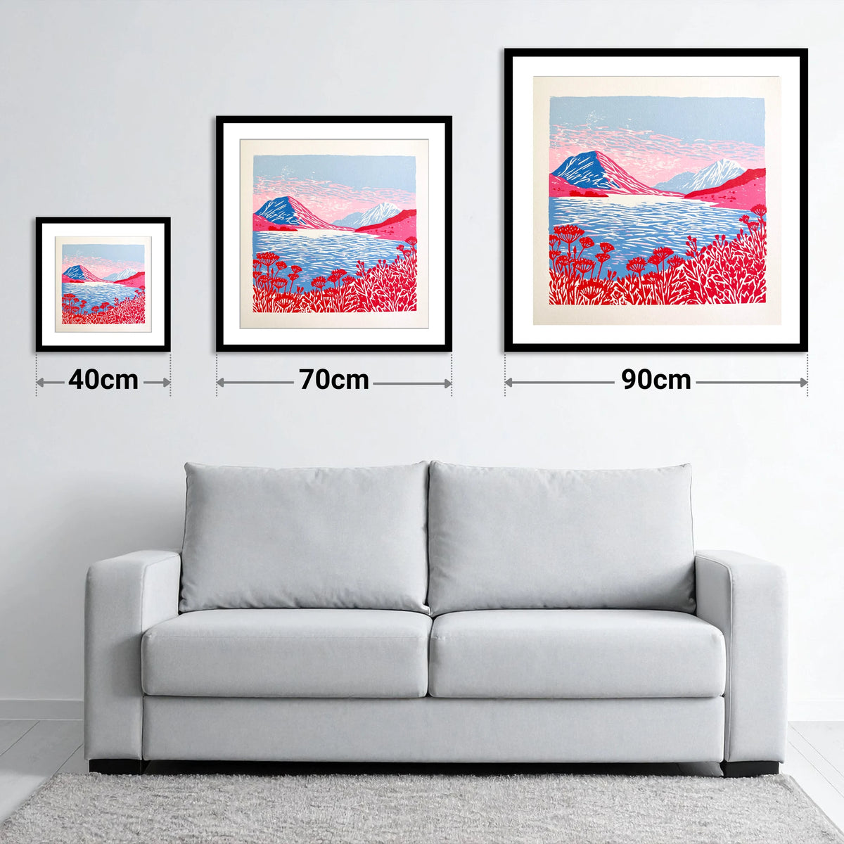 Crummock Water in Vivid Red - size guide showing 40cm, 70cm and 90cm art prints