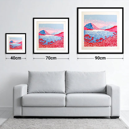 Crummock Water in Vivid Red - size guide showing 40cm, 70cm and 90cm art prints