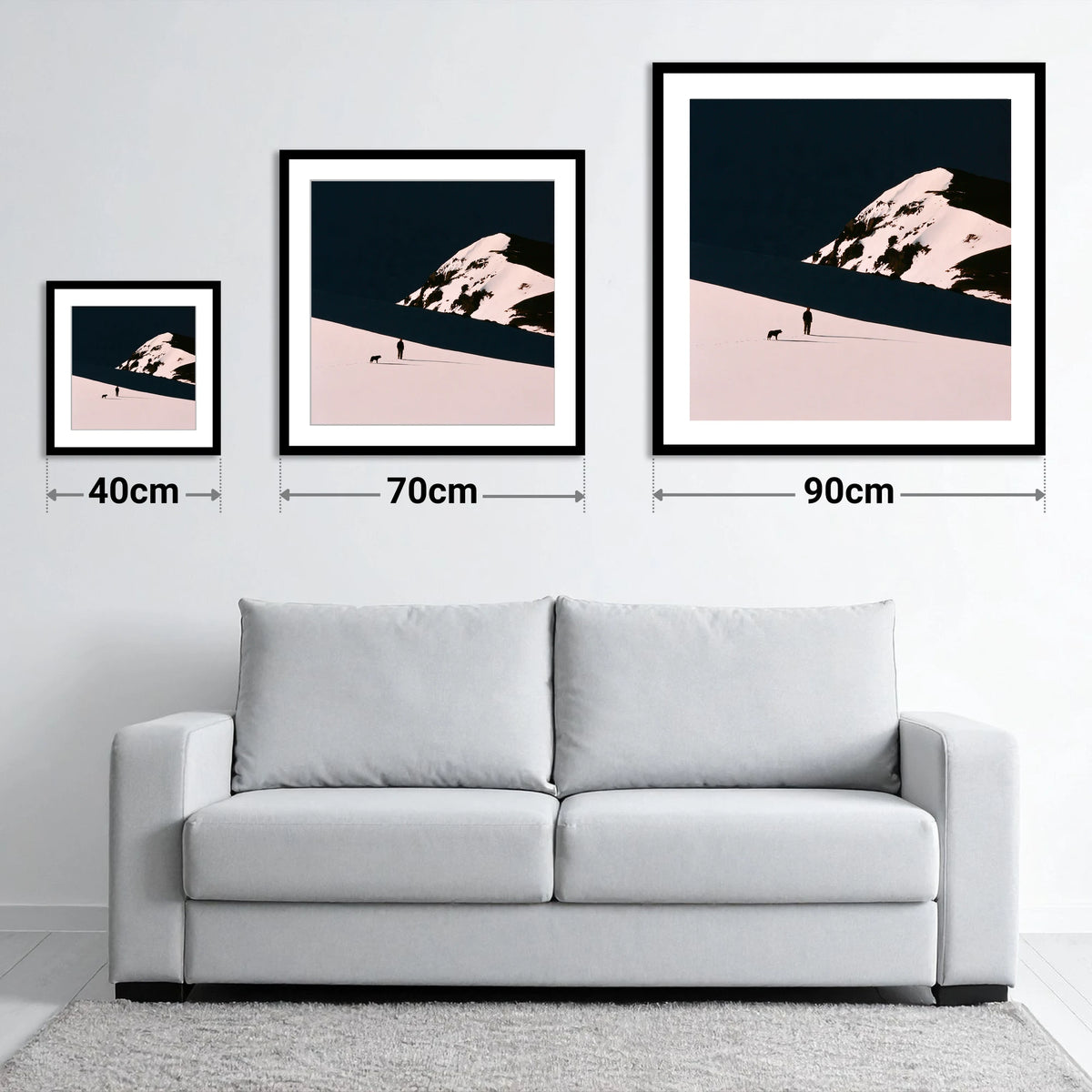 Winter Dog Walk Beneath Skiddaw - size guide showing 40cm, 70cm and 90cm art prints